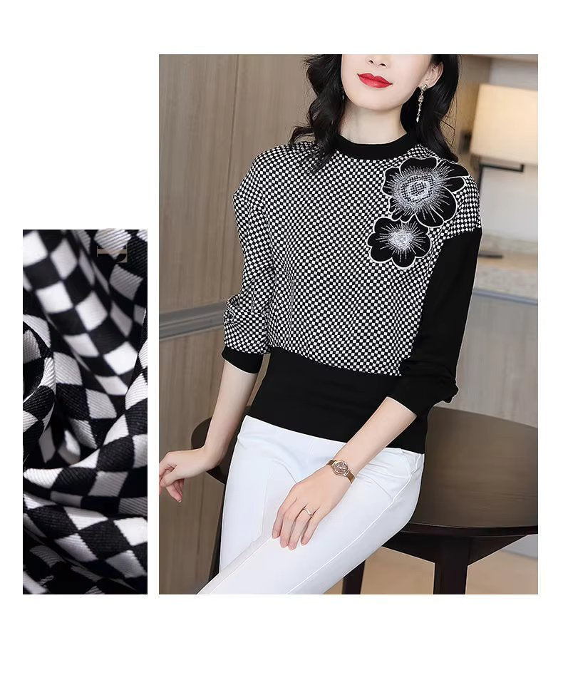 Elegant O-Neck Patchwork Embroidery Screw Thread Loose Casual Long Sleeve Top Mssza