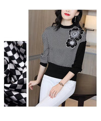 Elegant O-Neck Patchwork Embroidery Screw Thread Loose Casual Long Sleeve Top Mssza