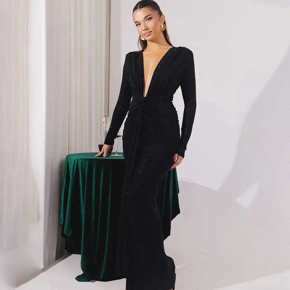 Elastic Deep V-Fold Lace Maxi Dress Mssaz Desses