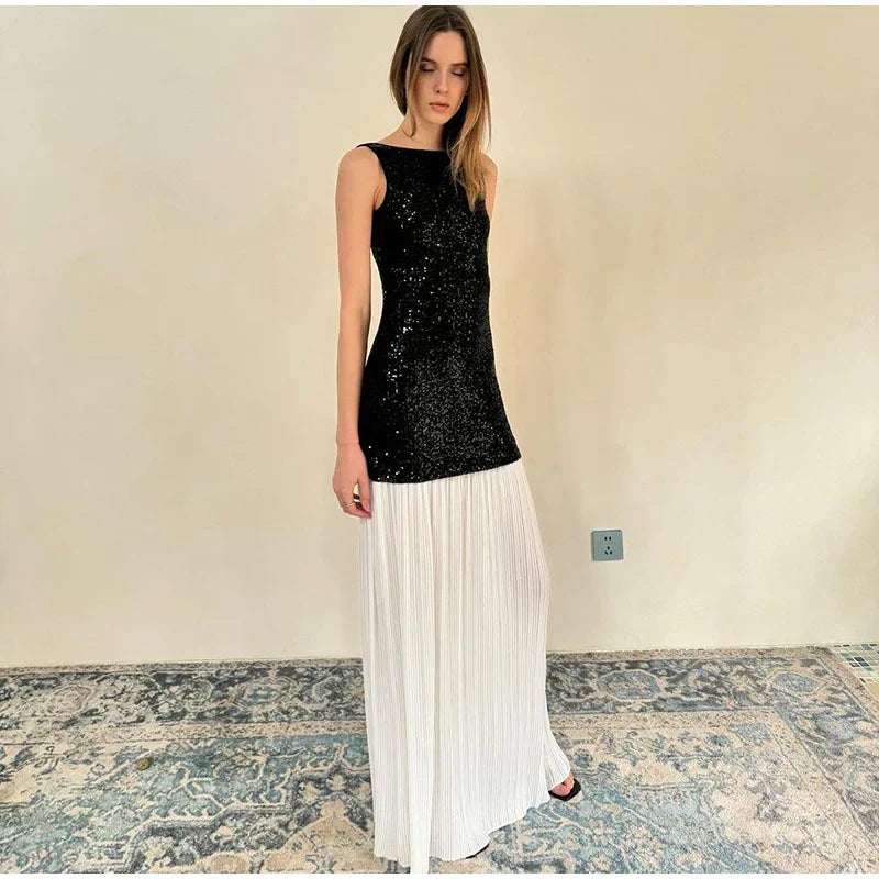 Sequined Patchwork Backless Long Dress Mssaz Desses