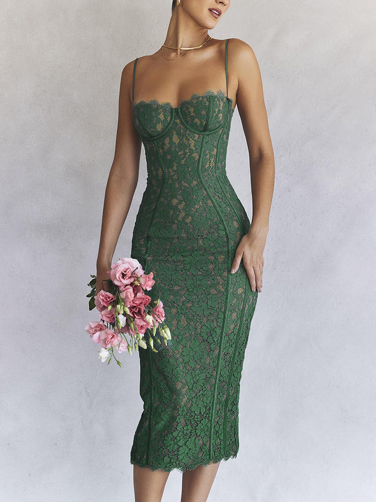 Spaghetti Strap Midi Green Dress Mssaz Desses