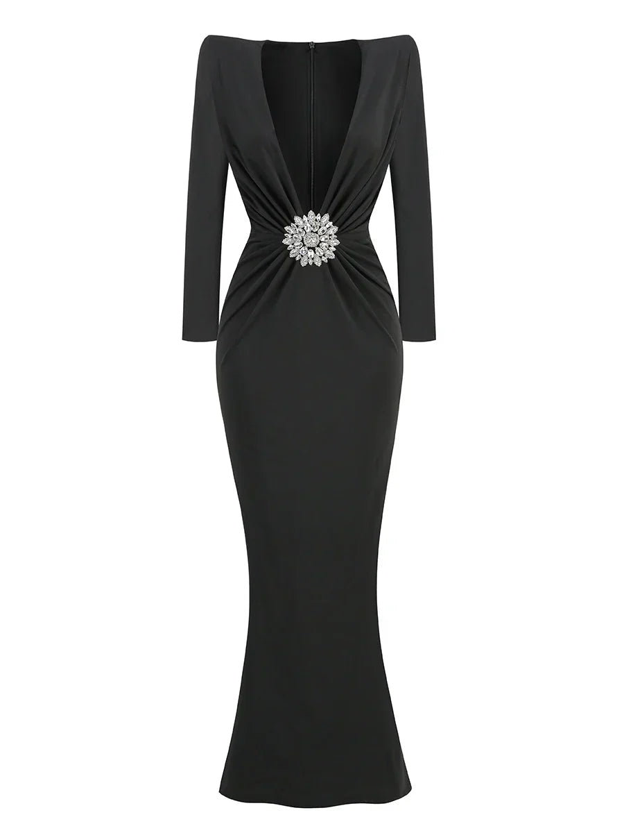 Deep V Neck Black Rhinestone Floor Long Dress Mssaz Desses