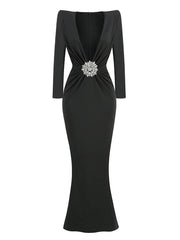 Deep V Neck Black Rhinestone Floor Long Dress Mssaz Desses