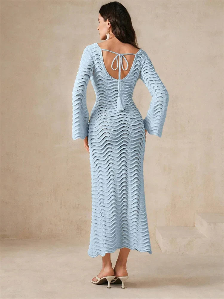 Knit Hollow-Out Loose Patchwork Lace-Up  Dress Mssaz Desses
