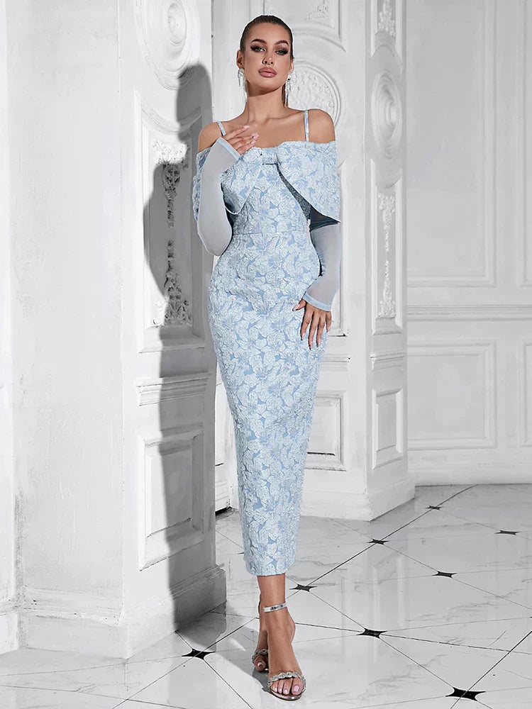 Sky Blue Mesh Sleeve Floral Dress Mssaz Desses