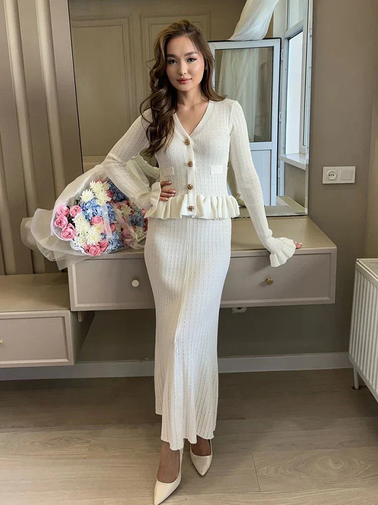 Ruffle Knitted Long Sleeve Mermaid Midi Dress Mssaz Desses