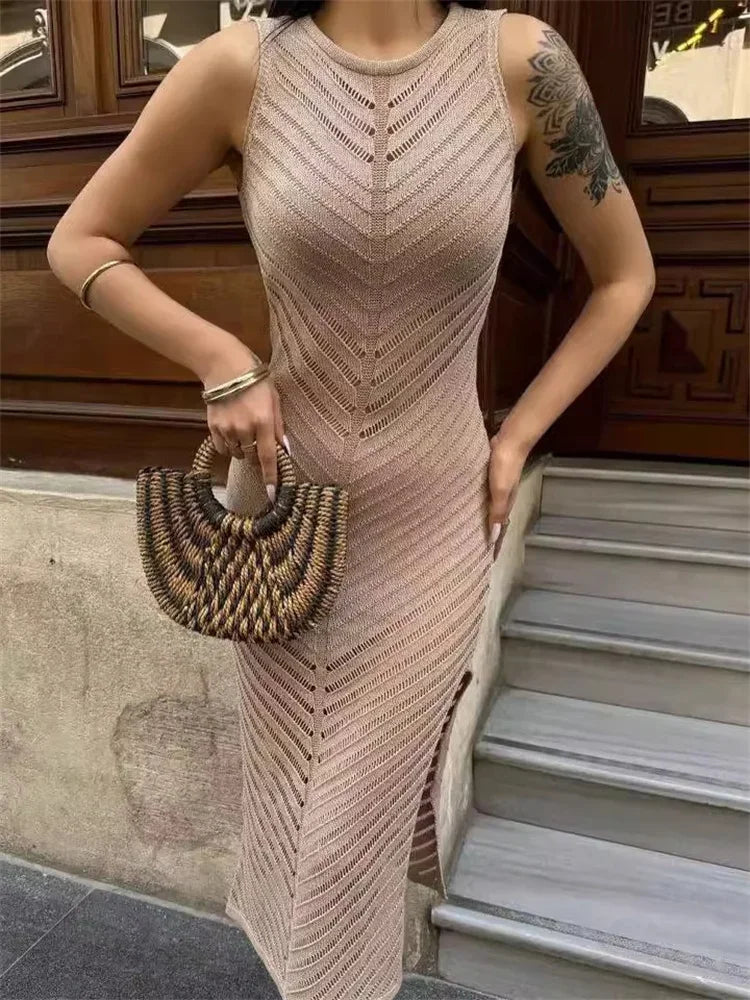 Sleeveless Patchwork Knit Maxi Dresses Mssaz Desses