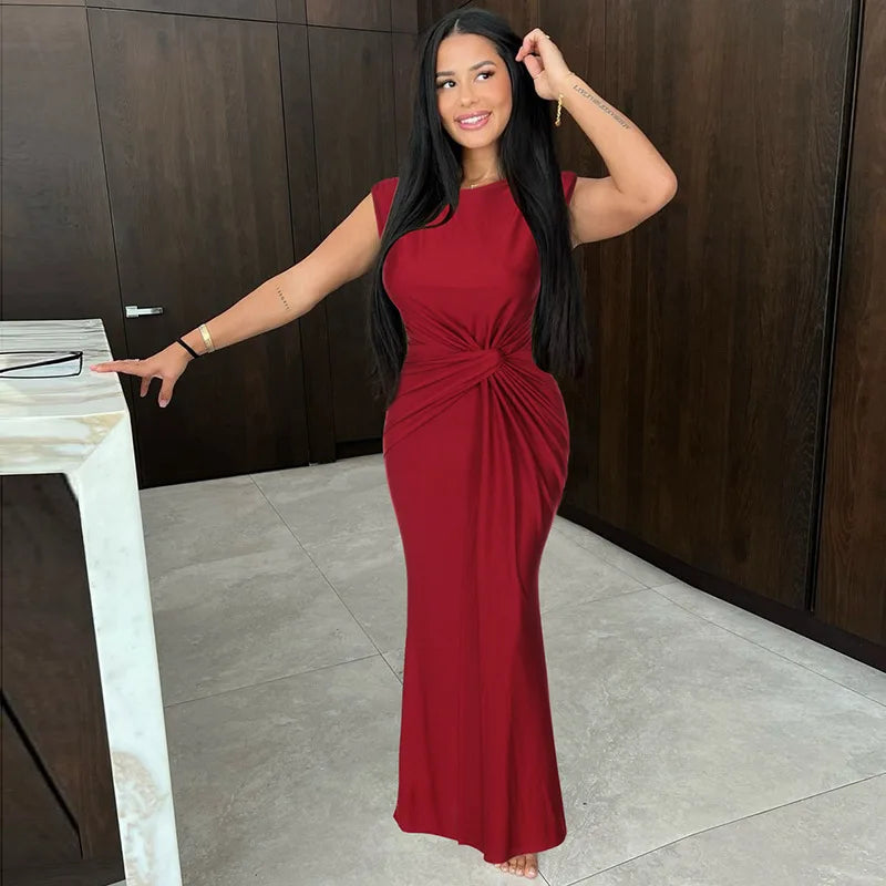 Solid Boat Neck Twist Knot Long Dress Mssaz Desses