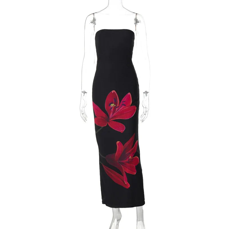 Black Tube Flower Print Back Tie Up Maxi Dress Mssaz Desses