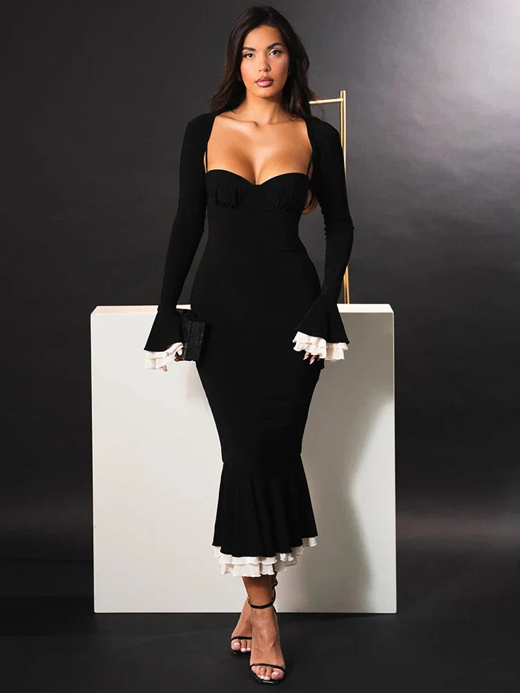 Patchwork Square Collar Evening Fishtail Dress Mssaz Desses