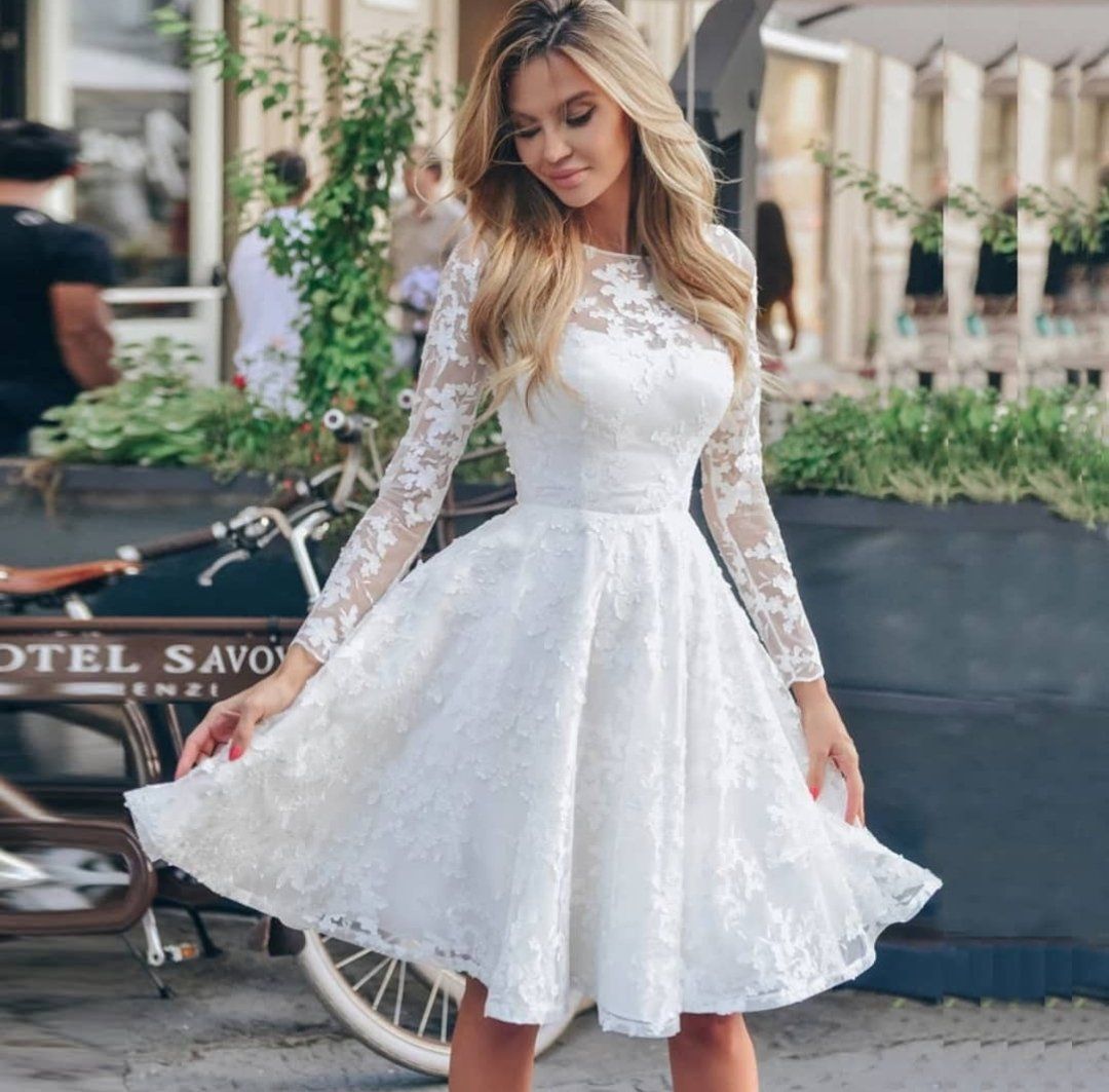 White Lace Hook Flower Hollow Patchwork Boho Long Sleeve Dresses Wedding Party Mssaz Desses