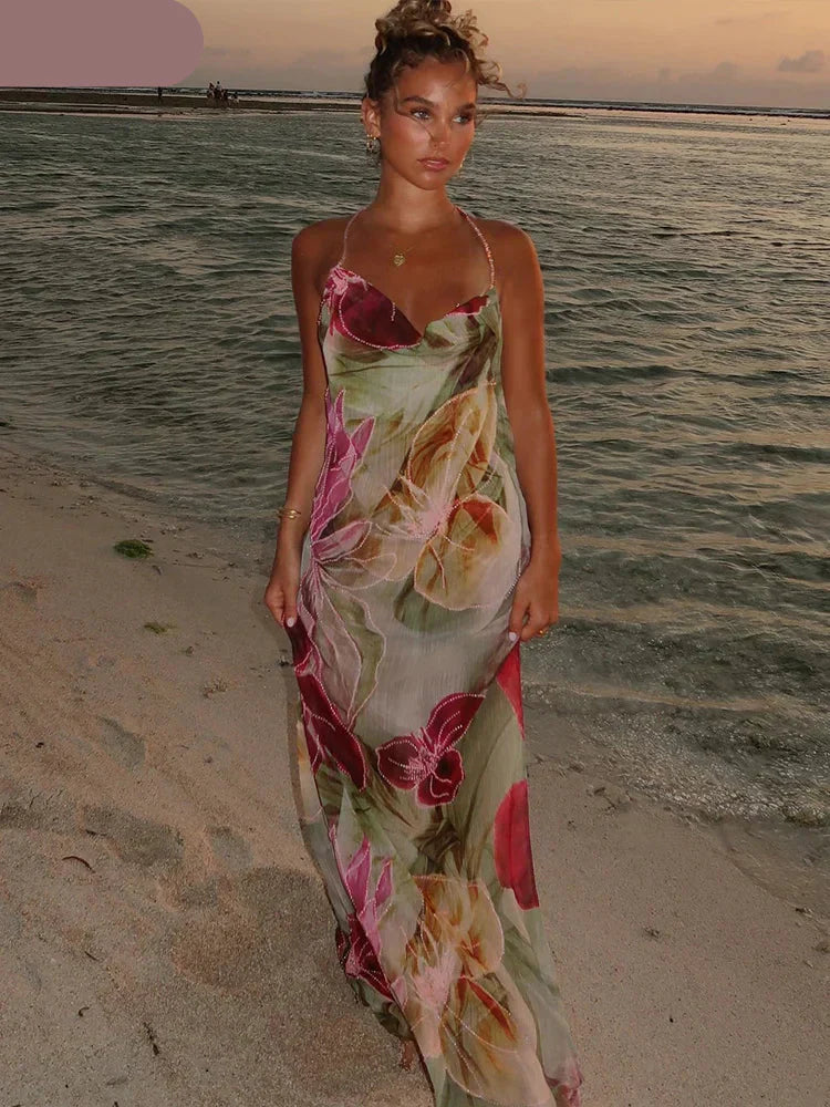 Floral Print Backless Halter Dress with Split for Women Mssaz Desses