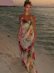 Floral Print Backless Halter Dress with Split for Women Mssaz Desses