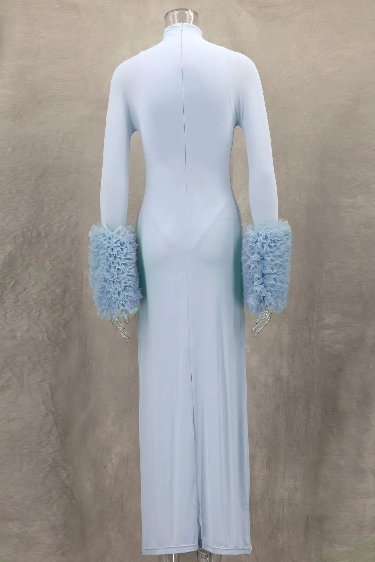 Ruffle Pleated Sleeve Blue Long Dress for Women Mssaz Desses