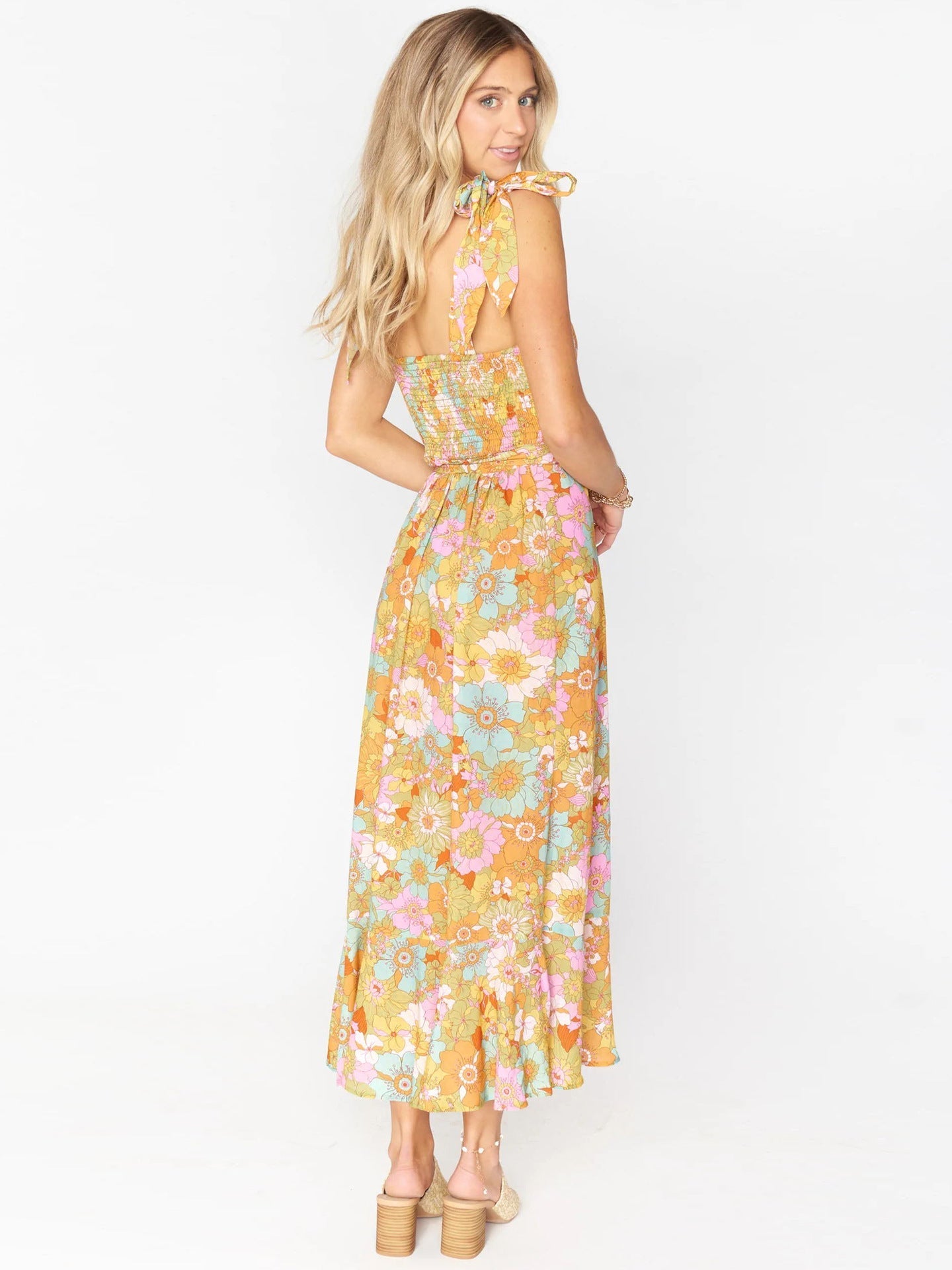 Green Basic Vintage Beach Tank Elegant Retro Floral Long Vestidos Belt Yellow Mssaz Desses