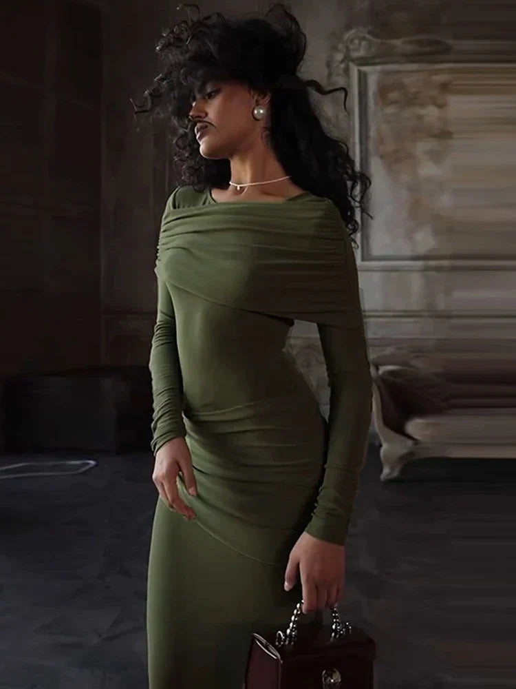 Solid Long Sleeve Irregular Splice Long Dress Mssaz Desses