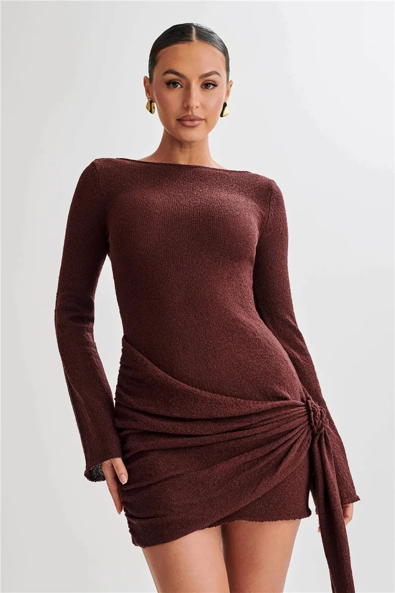 Floral Draped Open Back Knit Long Sleeve Mini Dress Mssaz Desses