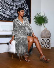 Solid Notched Tassel Sequin Decoration Knee Length Dress Mssaz Desses