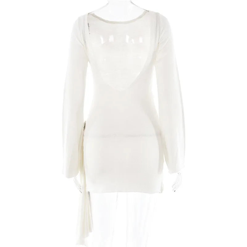 Floral Draped Open Back Knit Long Sleeve Mini Dress Mssaz Desses