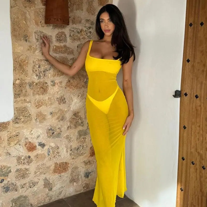 Mesh Square Neck Open Back Solid Long Dress Mssaz Desses
