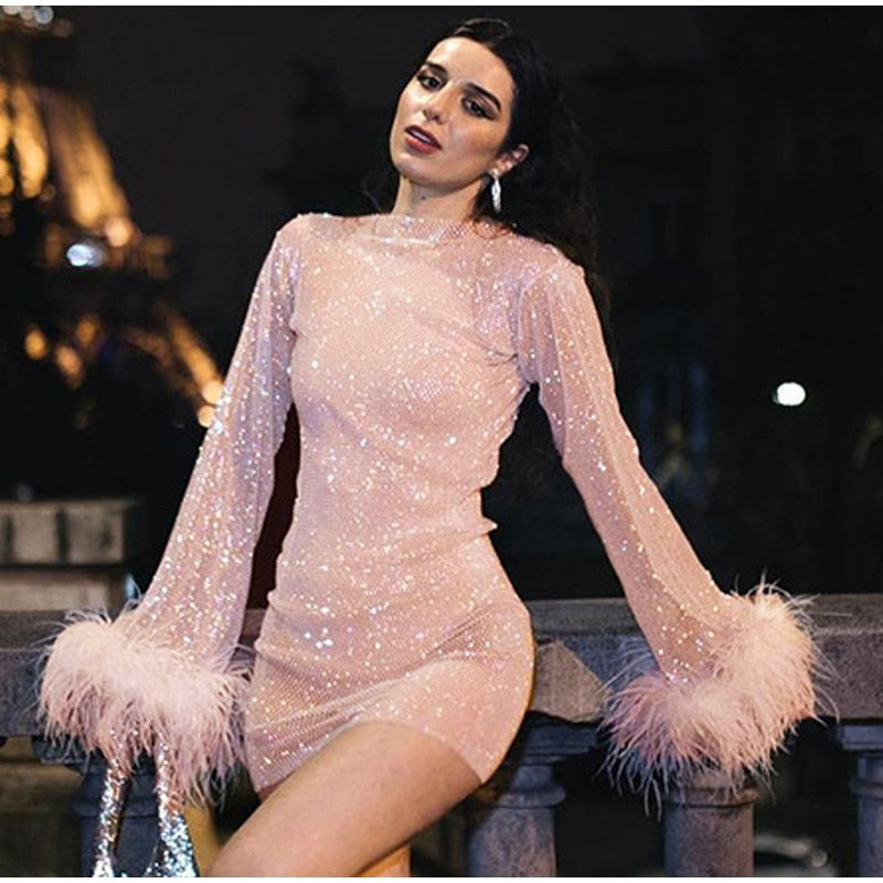 See Through Long Sleeve Shinny Sequins Club Party Outfit Mssaz Desses