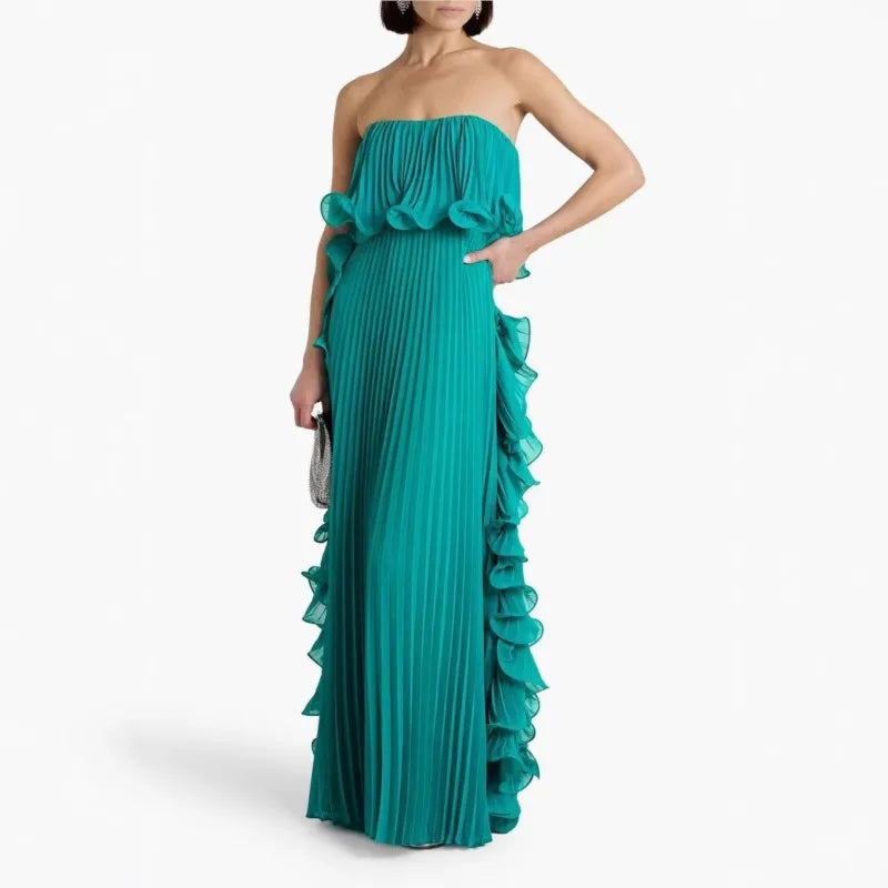 Pleated Chiffon Long Ruffled Strapless Dress Mssaz Desses