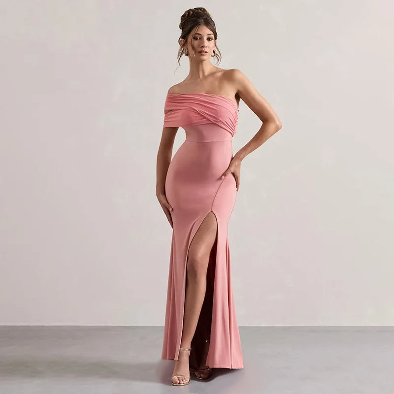 Solid One Shoulder Mesh Slit Long Dress Mssaz Desses
