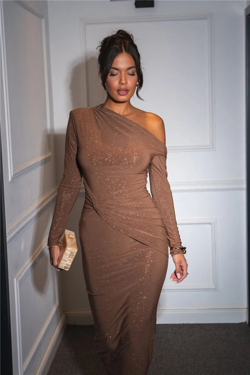 Long Sleeve Inclined Shoulder Maxi Dress Mssaz Desses