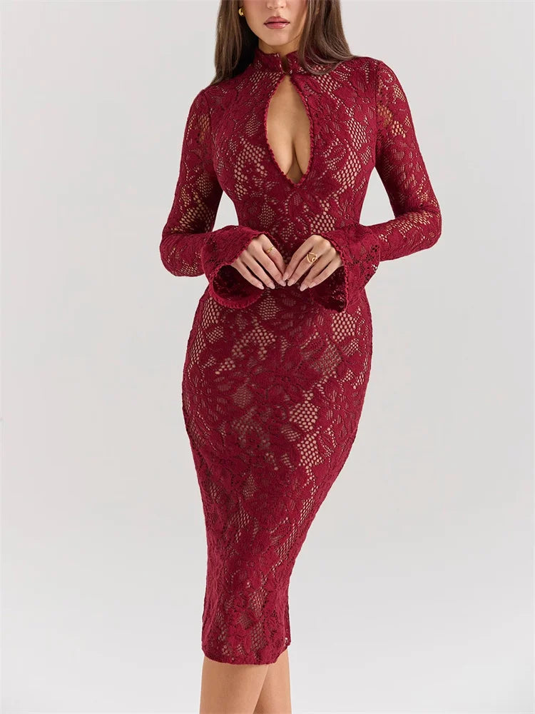 V-Neck Hollow Out Long Sleeve Black Lace Maxi Dress Mssaz Desses