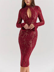 V-Neck Hollow Out Long Sleeve Black Lace Maxi Dress Mssaz Desses