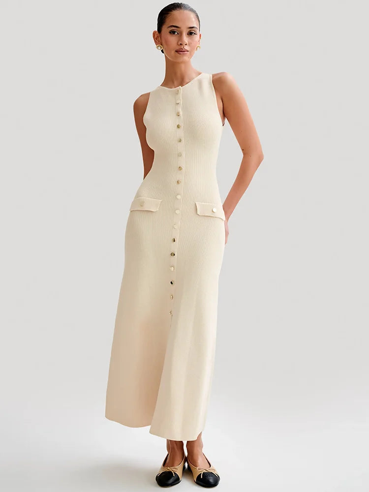 Knit Maxi Dress with Pockets Button-Front Mssaz Desses