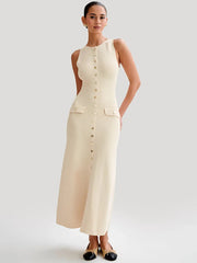 Knit Maxi Dress with Pockets Button-Front Mssaz Desses