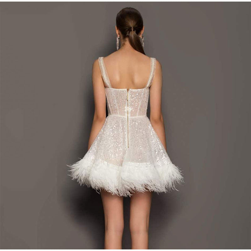 Off Shoulder Slip Feather Sequin Sleeveless Dress Mssaz Desses