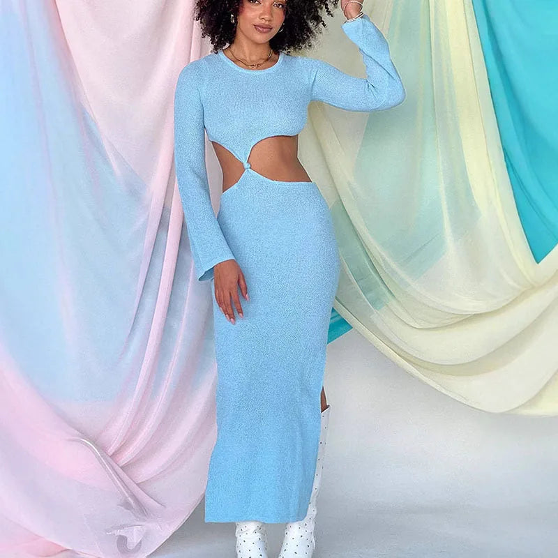 Knitted Hollow Out Solid O-neck Slit Maxi Dress Mssaz Desses