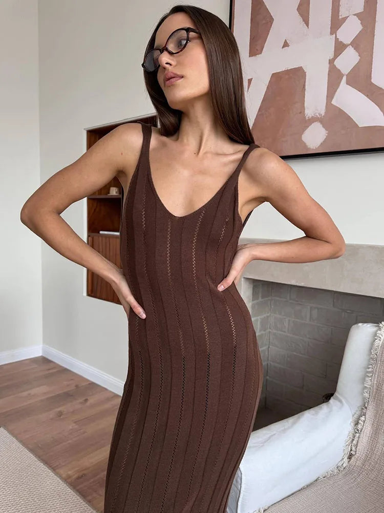 Knit Ribbed Hollow Out Open Back Solid Long Dress Mssaz Desses
