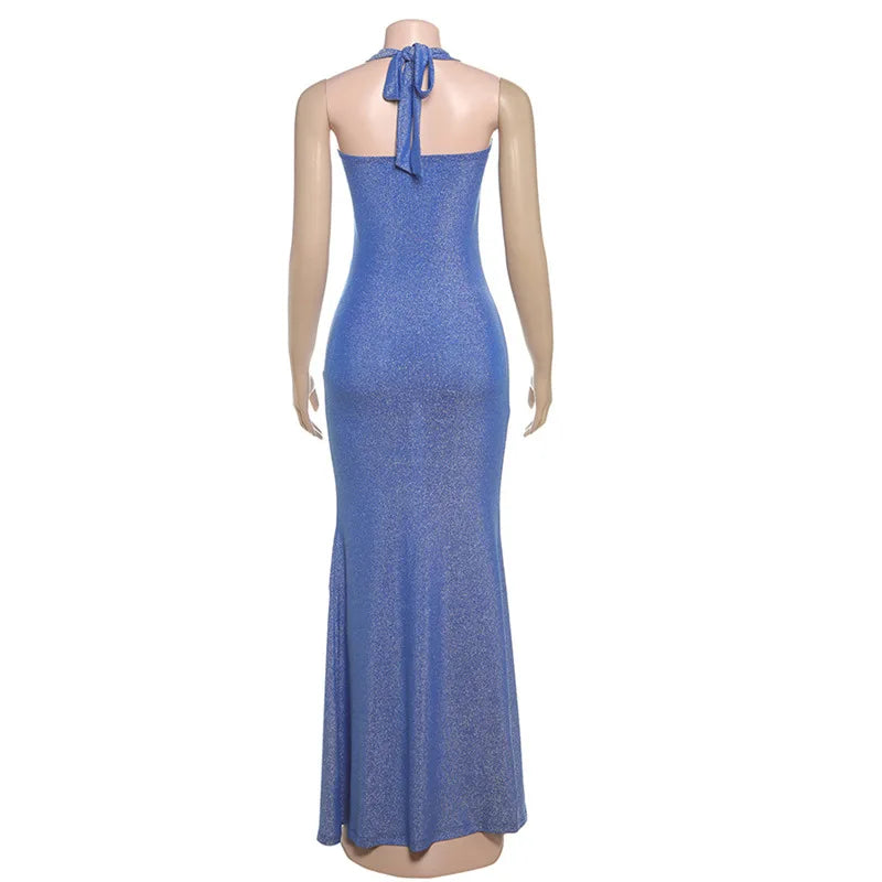 Halter Neck Bodycon Glittering Maxi Dress Mssaz Desses