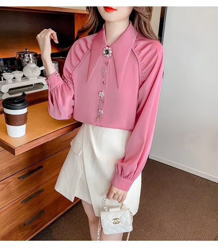 Beading Diamonds Korean Single-breasted  Elegant Lapel Shirt Mssza