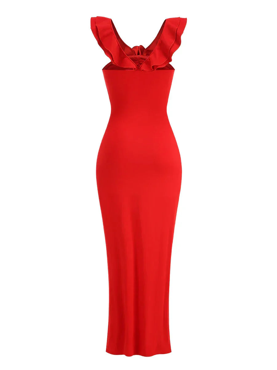 Red Flower Ruffles Strap Maxi Dress Mssaz Desses