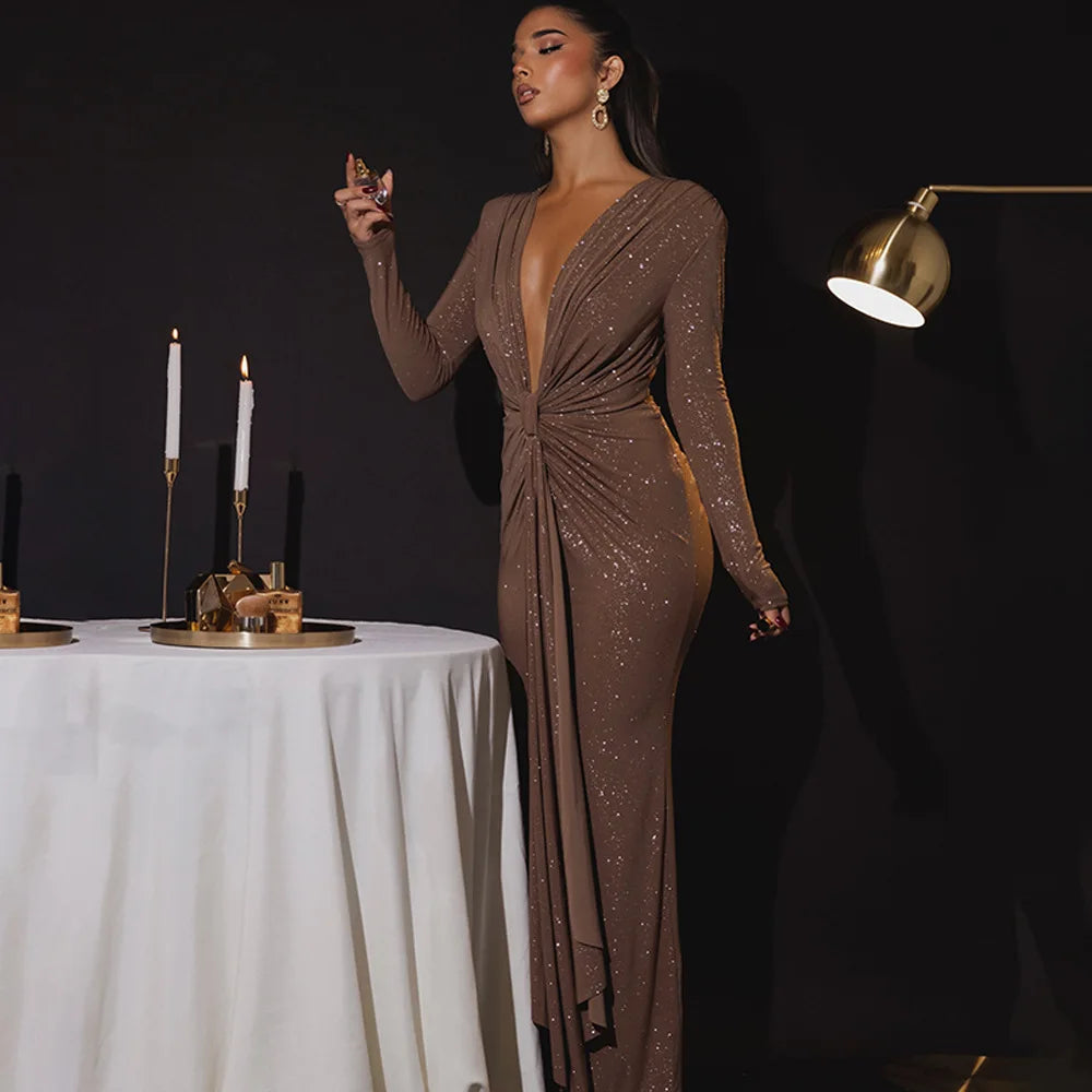 Elastic Deep V-Fold Lace Maxi Dress Mssaz Desses