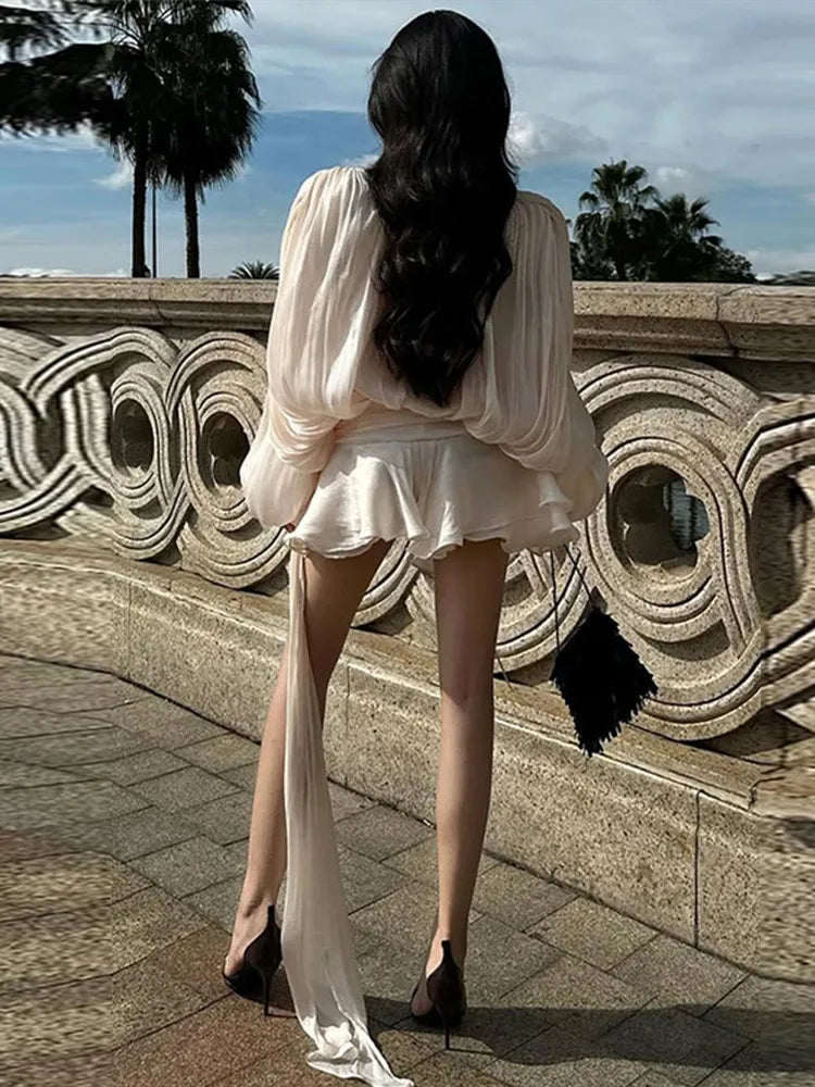 Elegant V-Neck Lace-Up  Style Mini Dress Mssaz Desses