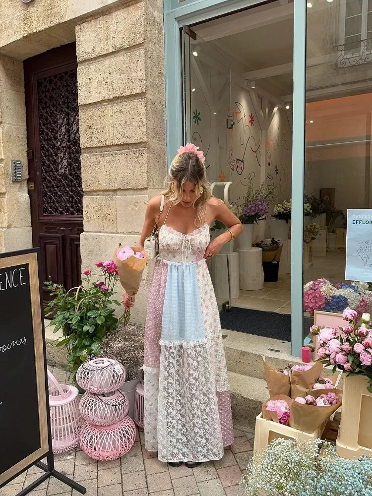 Lace Patchwork Halter Maxi Dress Mssaz Desses