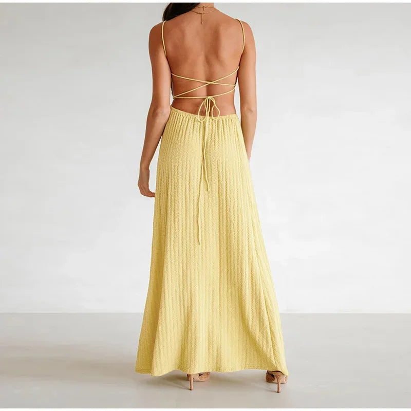 Lace Up Solid Color Open Back Long Dress Mssaz Desses