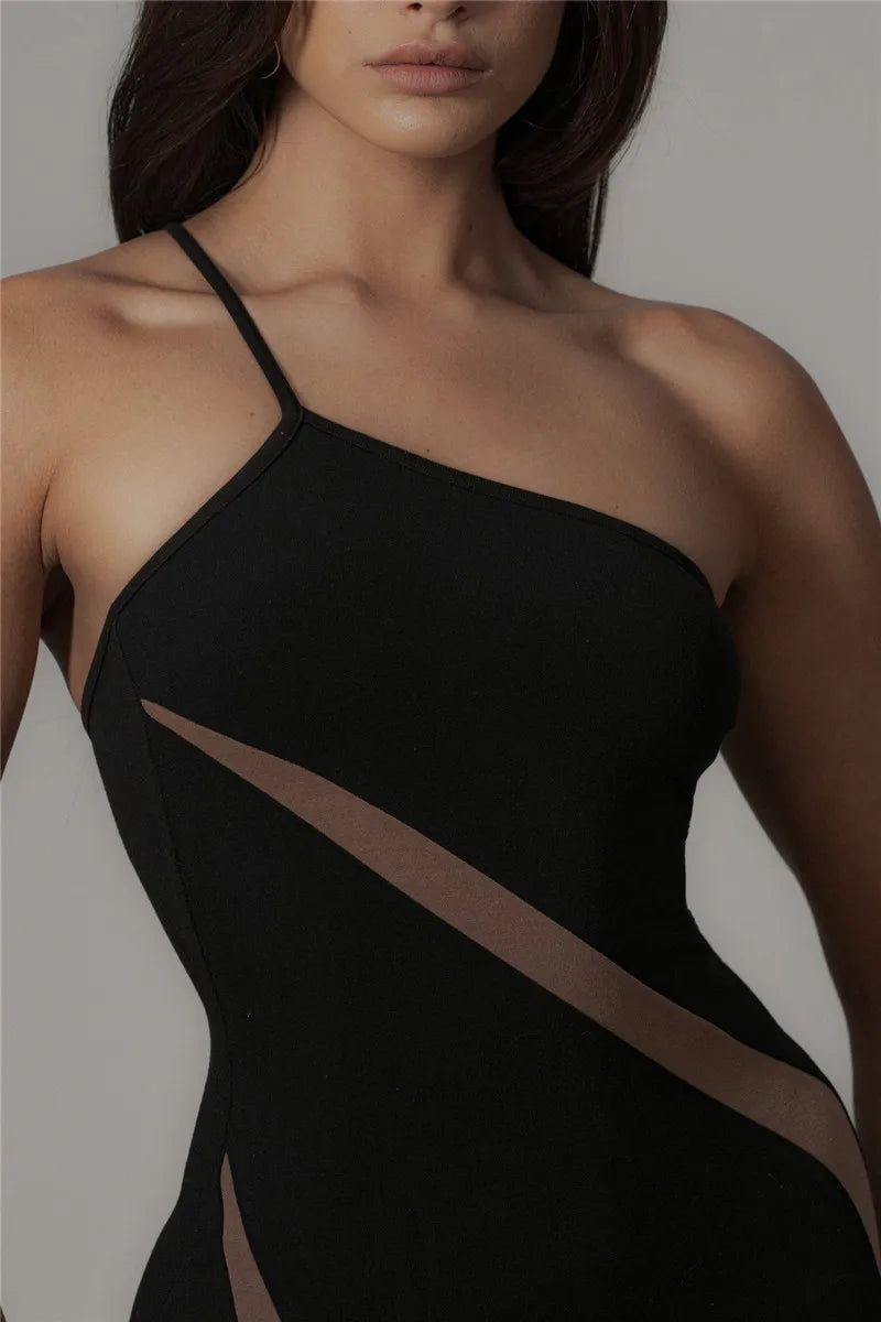 Black Mesh Patchwork One Shoulder Maxi Dress Mssaz Desses