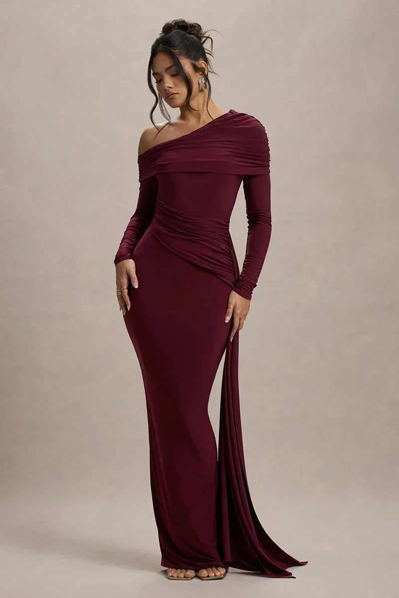 Skew Collar Long Sleeve Maxi Dress Mssaz Desses