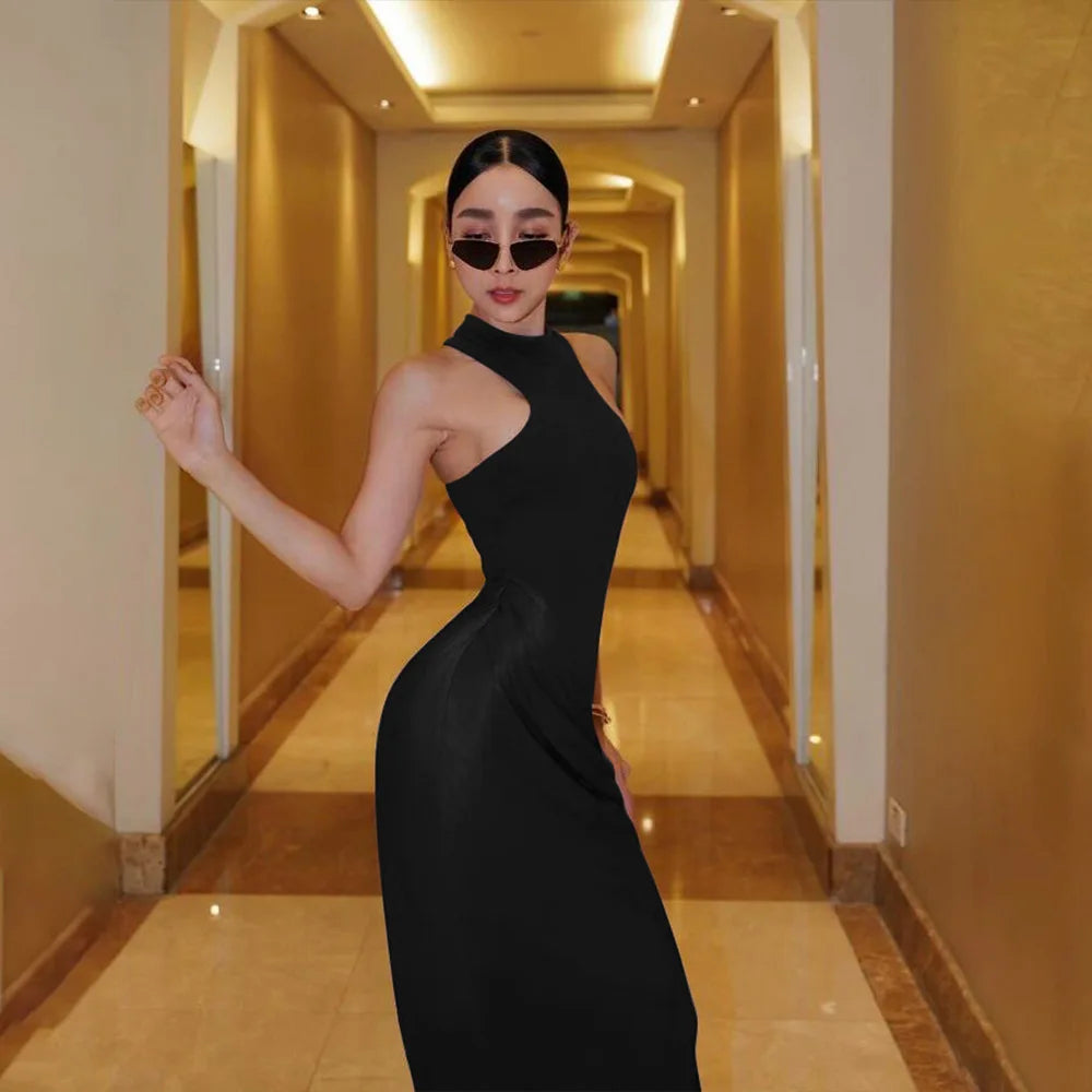 Satin Sleeveless High Neck Dress Mssaz Desses