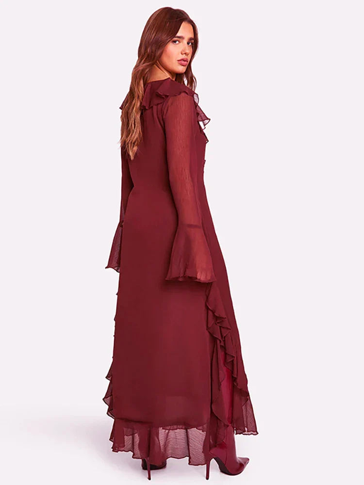 Ruffles Red Flare Sleeve Maxi Dress Mssaz Desses