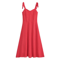 Solid Red Tie Bow Strap Midi Dress Mssaz Desses