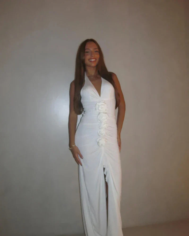 White Floral Halter Sleeveless Ruffled Long Dress Mssaz Desses