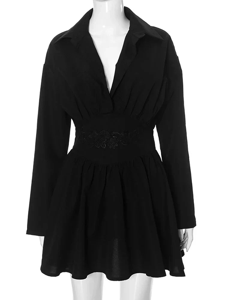 Turn-down Collar Pleated Mini Dress Mssaz Desses