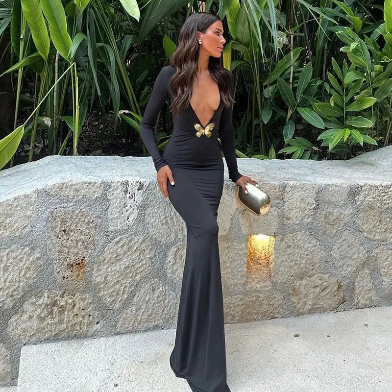 Black Fishtail Dress Dramatic Style with Butterfly Mssaz Desses